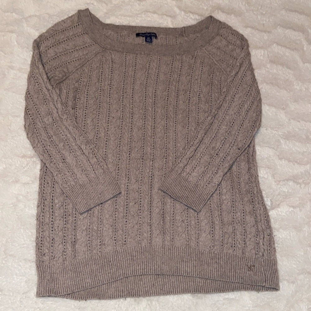 American Eagle Sweater Soft Cotton Blend Cable Knit Open Weave Boatneck Tan Top